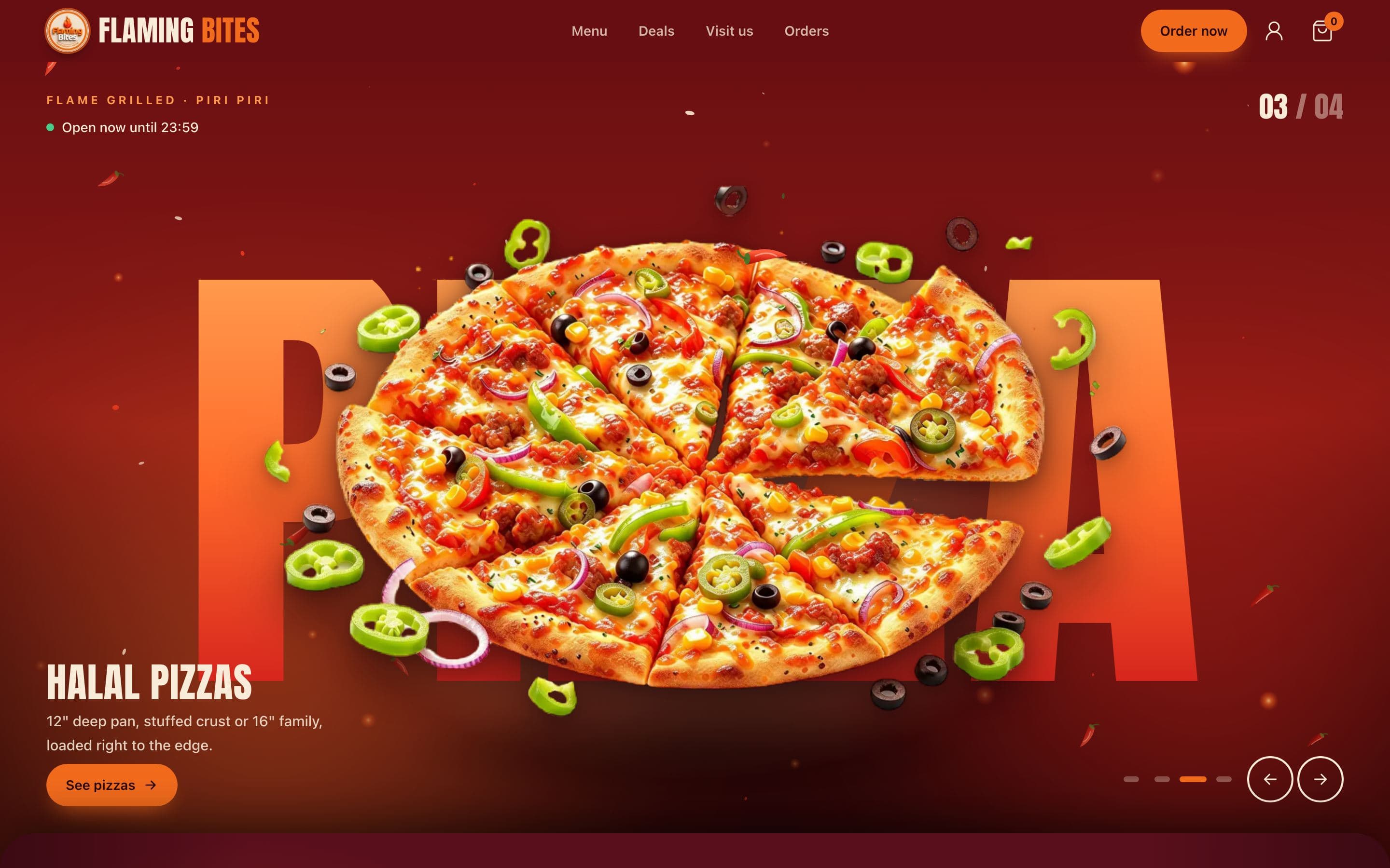 The Flaming Bites home page on a laptop: a pizza bursting out of the word PIZZA on a deep red background, with an Order now button
