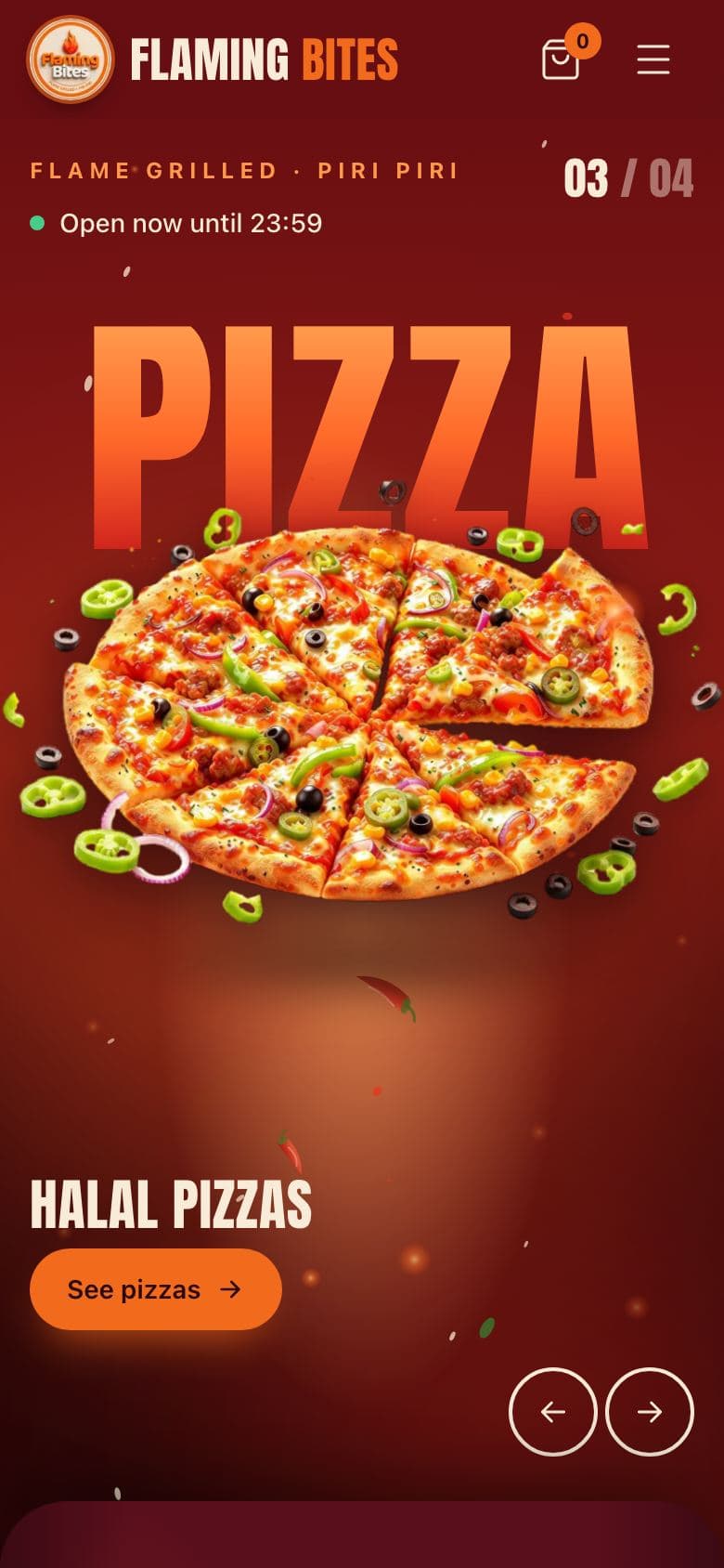 The Flaming Bites home page on a phone: the word PIZZA behind a loaded pizza, Open now until 23:59, and a See pizzas button
