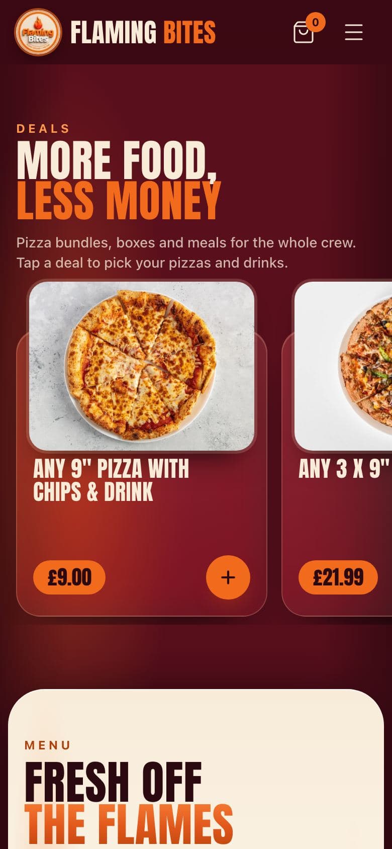 The Flaming Bites deals on a phone: a 9-inch pizza with chips and a drink for £9.00