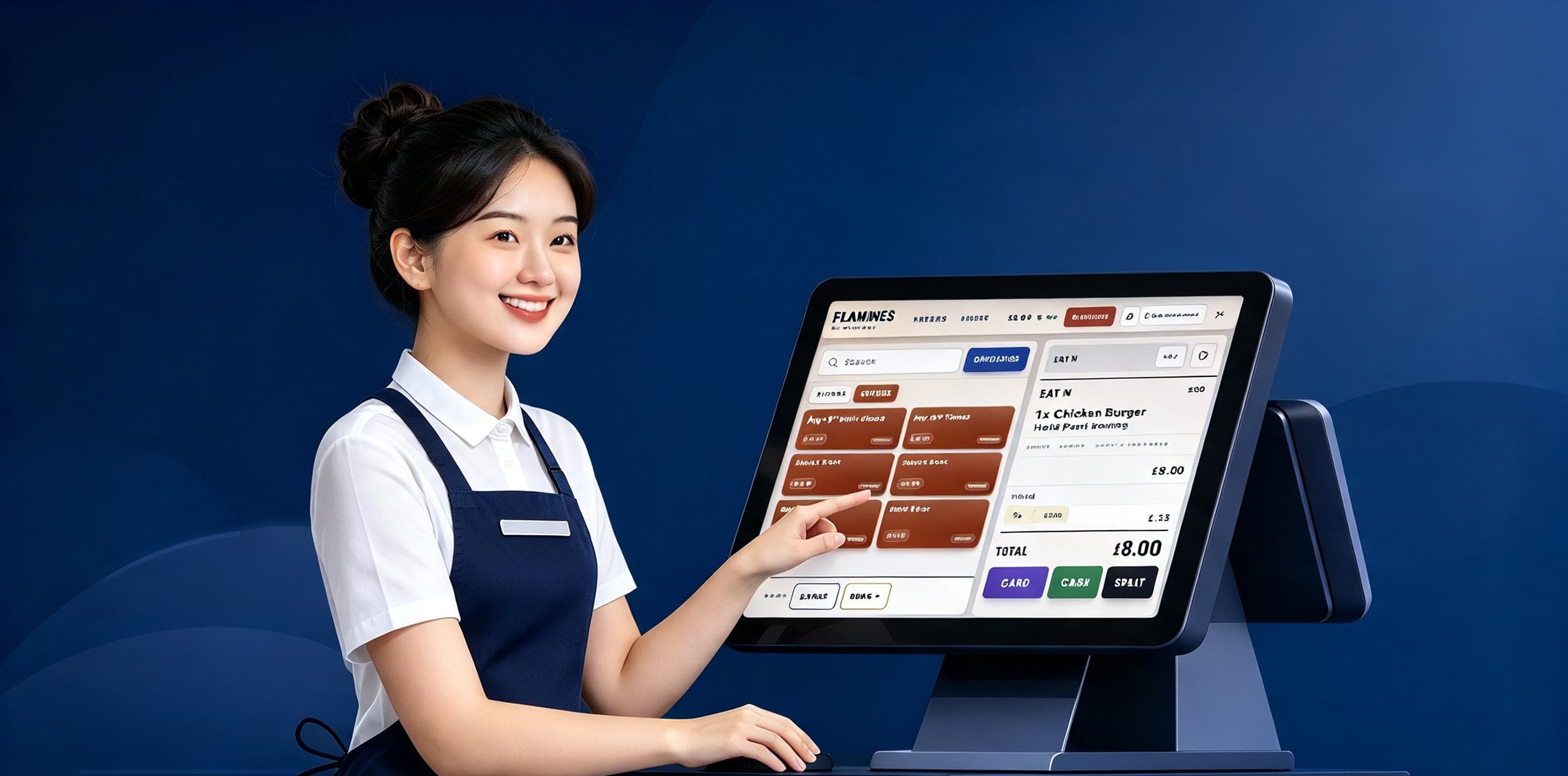 A member of staff smiling as she takes an order on the touchscreen till